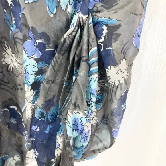 Nwot Karen Kane Blouse XL SILK Chiffon Sheer Floral Blue Roll-Tab-Long-Sleeve - Picture 4 of 11
